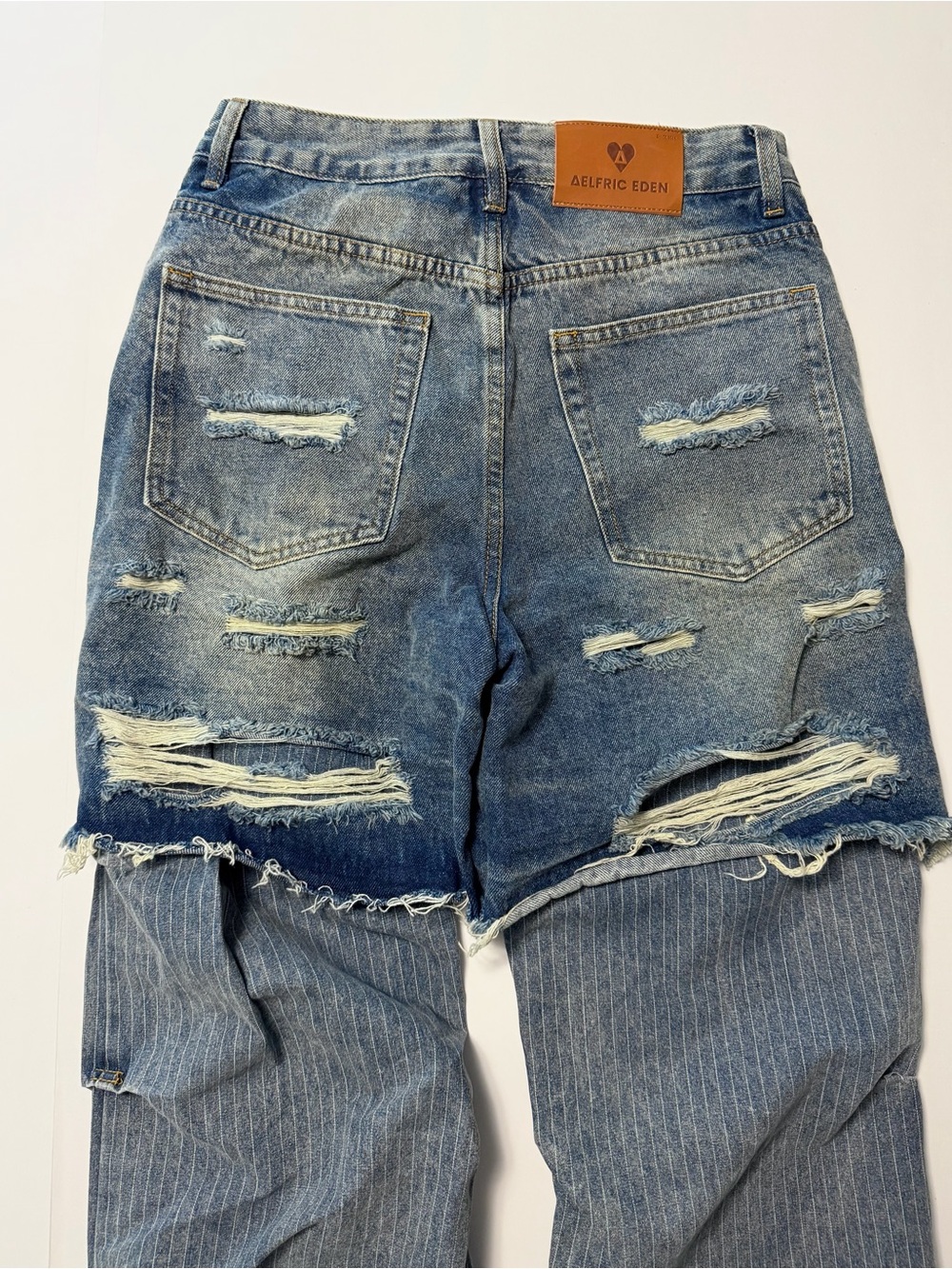 Aelfric Eden NWT size 30 distressed denim shorts over pinstripe flared pants - Picture 7 of 16